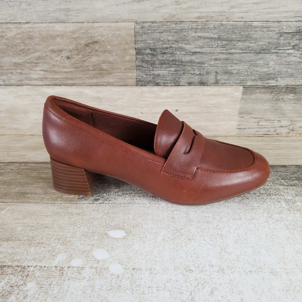 Clarks‎ Iridessa Sky Womens Loafers Shoes Sz 8 M Dark Tan Leather Block Heel